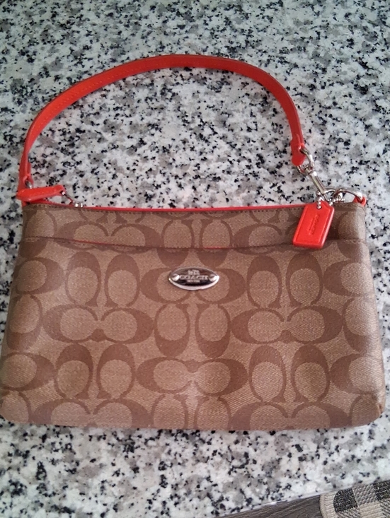 Coach Handbags - Coach Brown Signature Canvas Wristlet/Clutch MINI bag with Orange Trim EUC